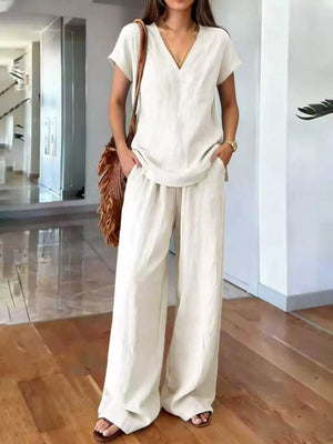 Full Size V-neck Short Sleeve Top And Pants Set in Light Brown, front view