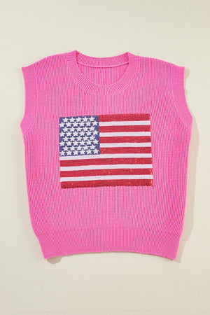 Fuchsia pink knit tank top with sequin American flag detail