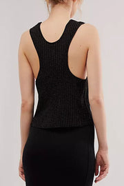 Sparkle ribbed button-down vest in black with racerback detail.