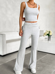 Light gray ribbed tank top and ruched waist flare pants set