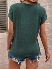 Dark green dolman sleeve top with lace trim detail, casual style.