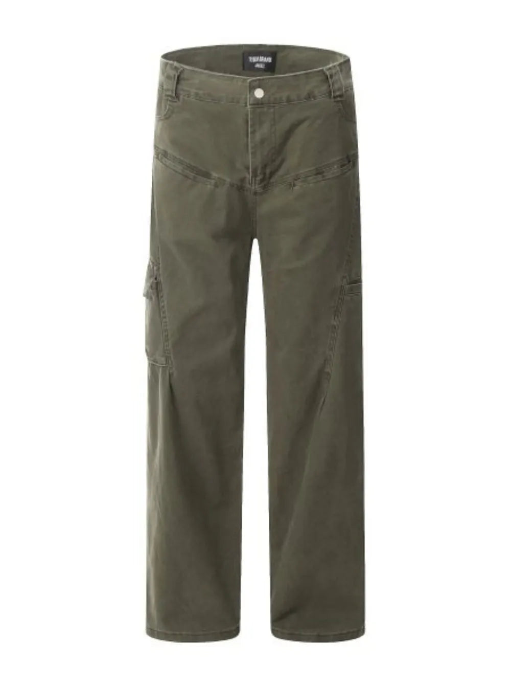 Army green utility cargo pants with wide legs and pleated details.
