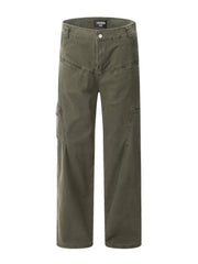 Army green utility cargo pants with wide legs and pleated details.