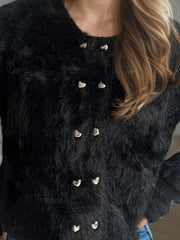 Black fluffy double-breasted knit cardigan with heart-shaped buttons