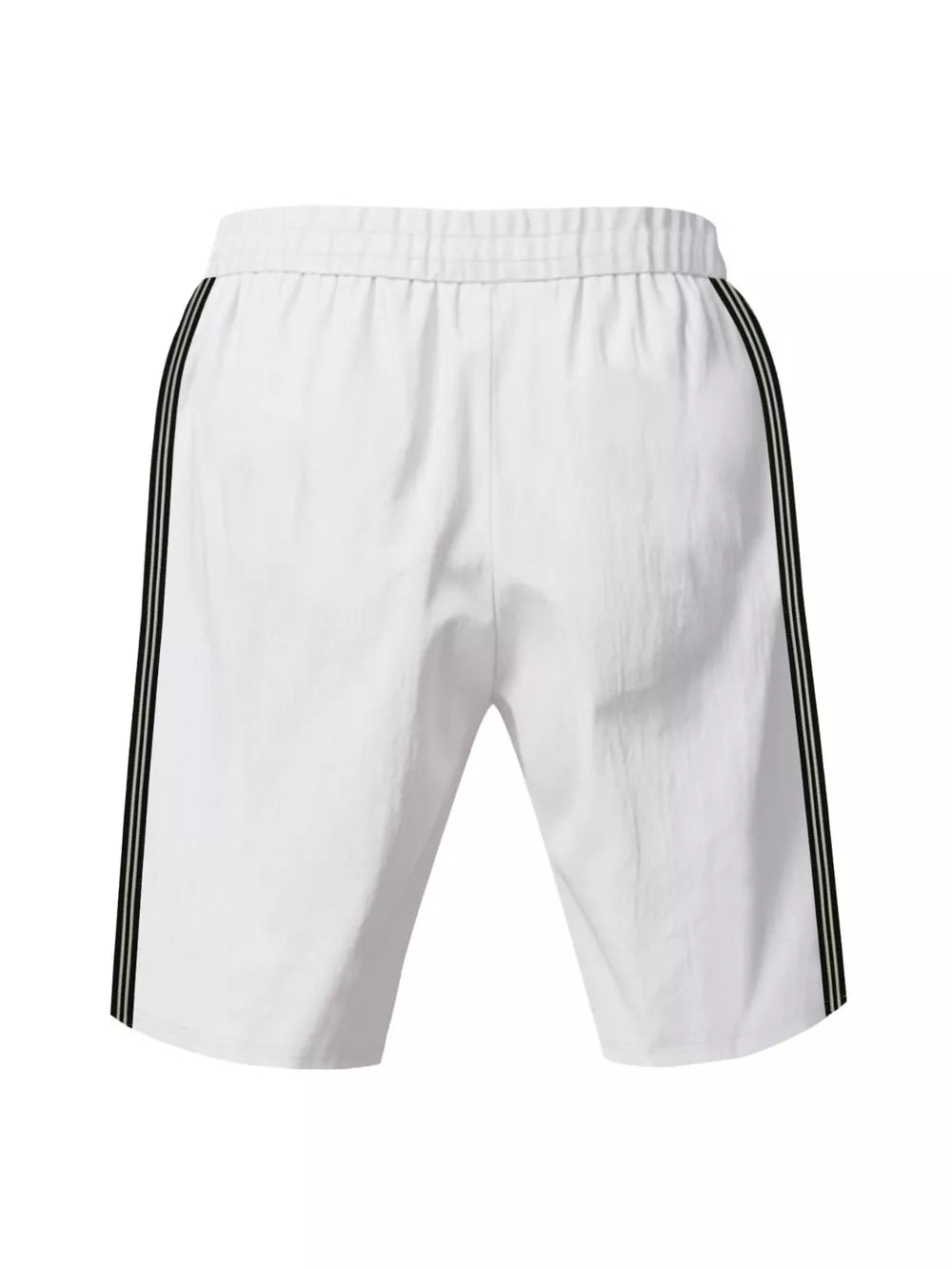 White men's bermuda shorts with black and green side stripes and drawstring waist.