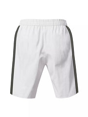 White men's bermuda shorts with black and green side stripes and drawstring waist.