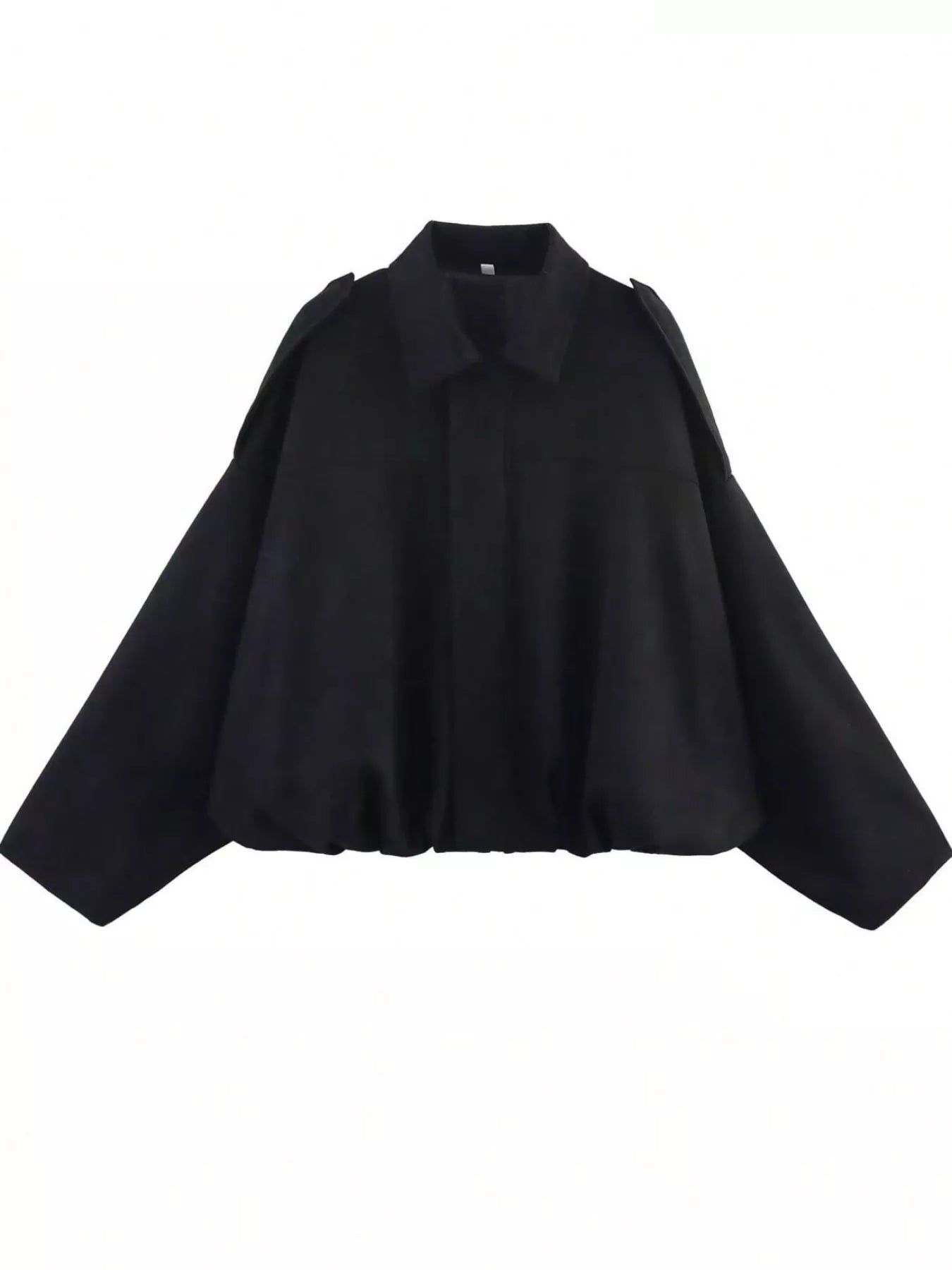 Black oversized zip-up jacket with collar and shoulder details