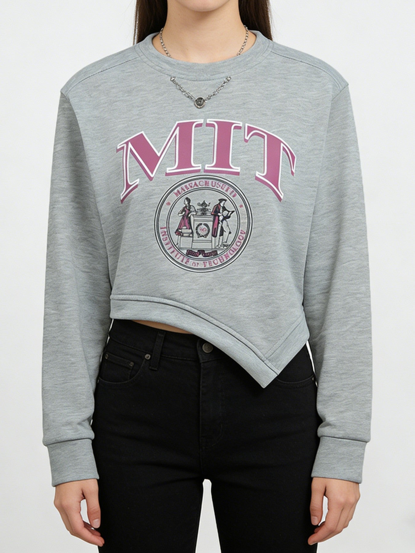 Grey asymmetrical cropped sweatshirt with MIT graphic and crew neck.