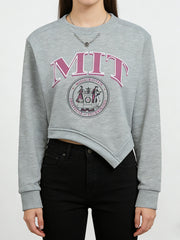 Grey asymmetrical cropped sweatshirt with MIT graphic and crew neck.