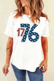 White graphic tee with patriotic 1776 star print and crew neck
