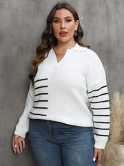 White knit sweater with collar detail and black block stripes on chest and sleeves.