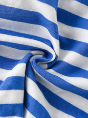 Children's blue and white striped short sleeve tee with soft knit fabric detail.