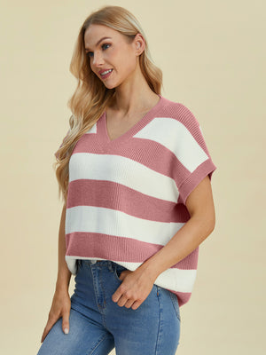 Bold Stripe Cap-Sleeve Knit Top in Dusty Pink and white stripes, V-neck, casual knit.