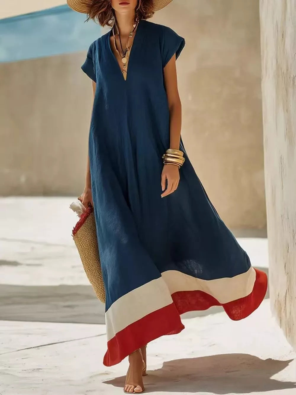 Chic V-neck Maxi Dress With Color-blocked Hem