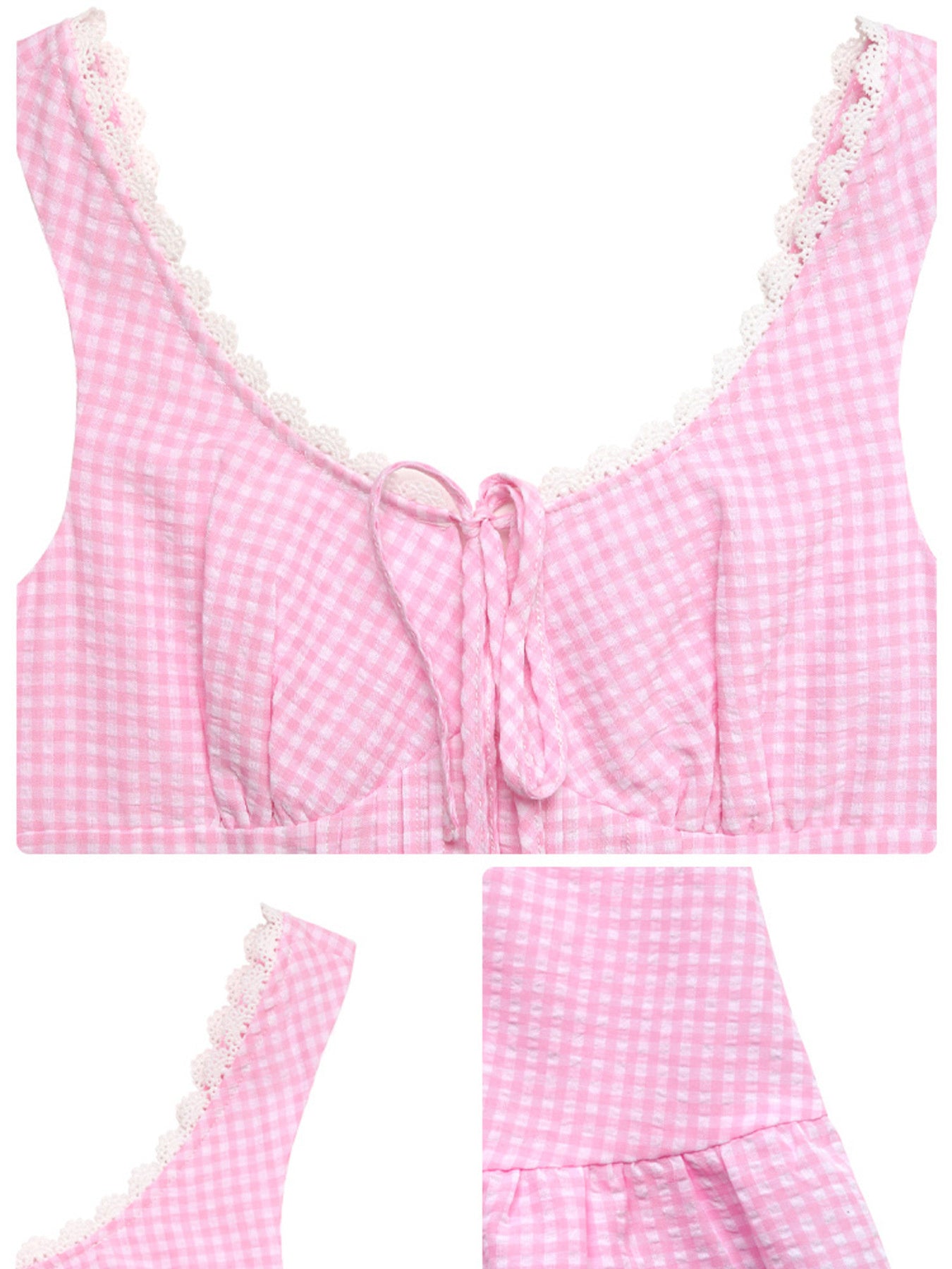 Pink gingham mini dress with sweetheart neckline, lace trim, and tie front.