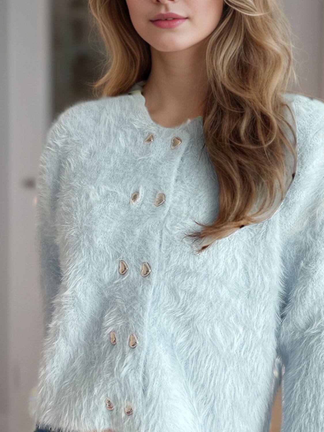 Mint blue fluffy double-breasted knit cardigan with heart-shaped buttons