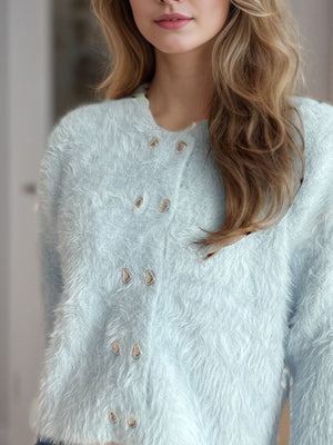 Mint blue fluffy double-breasted knit cardigan with heart-shaped buttons