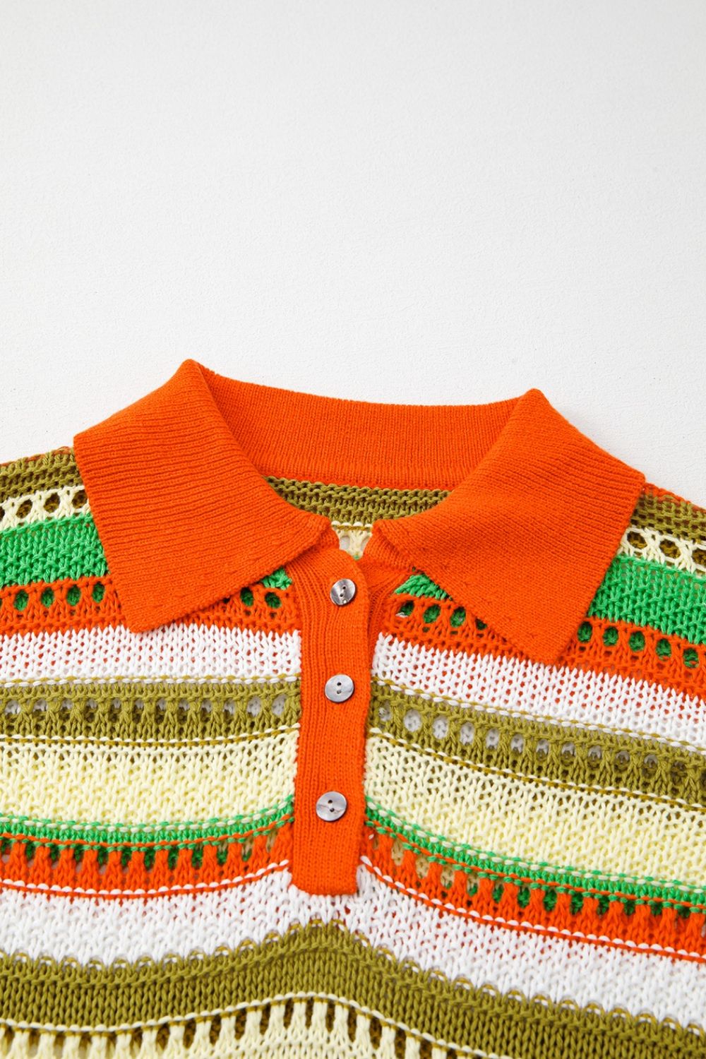 Striped crochet polo mini dress with orange collar and button placket.