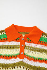 Striped crochet polo mini dress with orange collar and button placket.