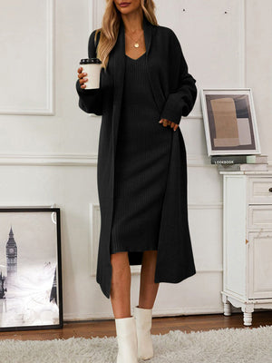 Black ribbed knit midi dress and duster set with v-neck cami and open front cardigan.