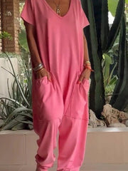 Loose Fit V-neck Short Sleeve Wide Leg Jumpsuit in Floral Gray, view 11