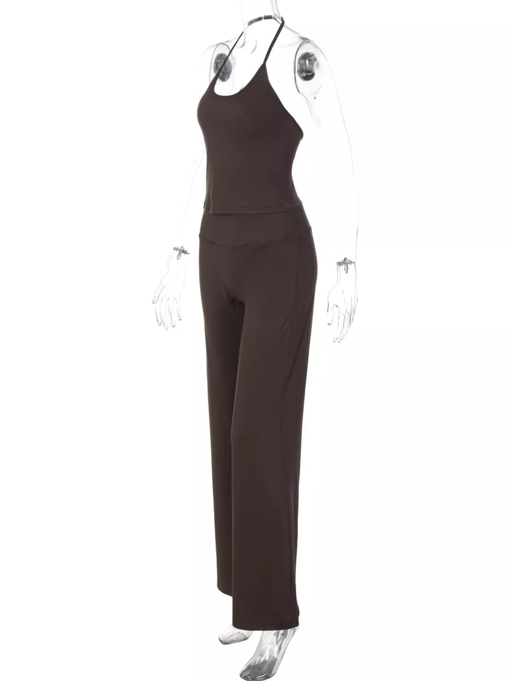 Brown halter crop top and wide-leg pants set