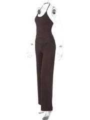 Brown halter crop top and wide-leg pants set