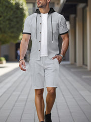 Grey casual hooded set with button-down short sleeve shirt and drawstring shorts.
