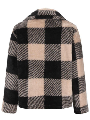 Fluffy tan and black plaid zip-up shacket with collar.
