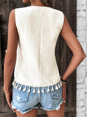 Cream embroidered V-neck tank top with tassel trim, 100% polyester