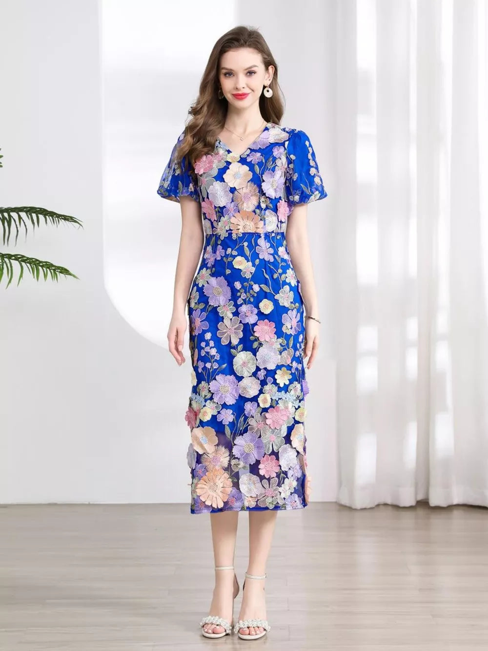 Embroidered Floral Puff Sleeve Midi Dress