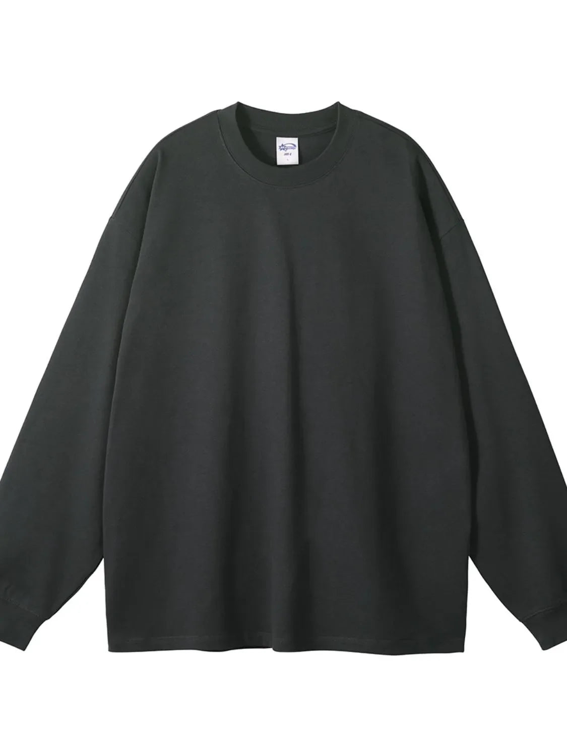 Oversized drop-shoulder crewneck pullover in black, made of 100% cotton.