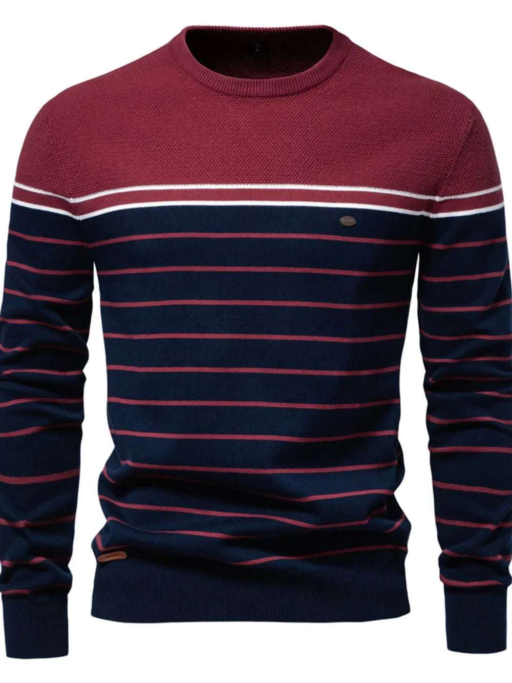 Burgundy and navy striped crewneck sweater with textured yoke and white stripe detail.