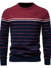 Burgundy and navy striped crewneck sweater with textured yoke and white stripe detail.