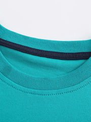 Teal cotton blend crew neck t-shirt with navy trim detail