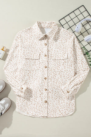 Leopard print corduroy overshirt with patch pockets and button-down front.