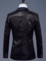 Men's black sequin one button blazer with satin lapels and three button cuffs.