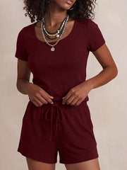 Burgundy scoop-neck tee and drawstring shorts set for women, comfortable loungewear.