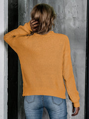 Mustard yellow openwork knit crew neck pullover sweater with balloon sleeves.