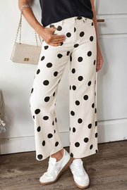 Cream polka dot high-rise cotton jeans with a wide leg and ankle length.