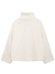 White teddy fleece zip-up jacket with high neck and contrast piping detail