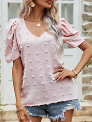 Pink textured dotty puff sleeve blouse with V-neck