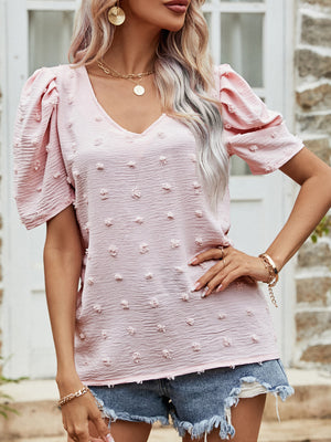 Pink textured dotty puff sleeve blouse with V-neck