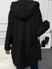 Black hooded trench coat with cable knit texture and button detail