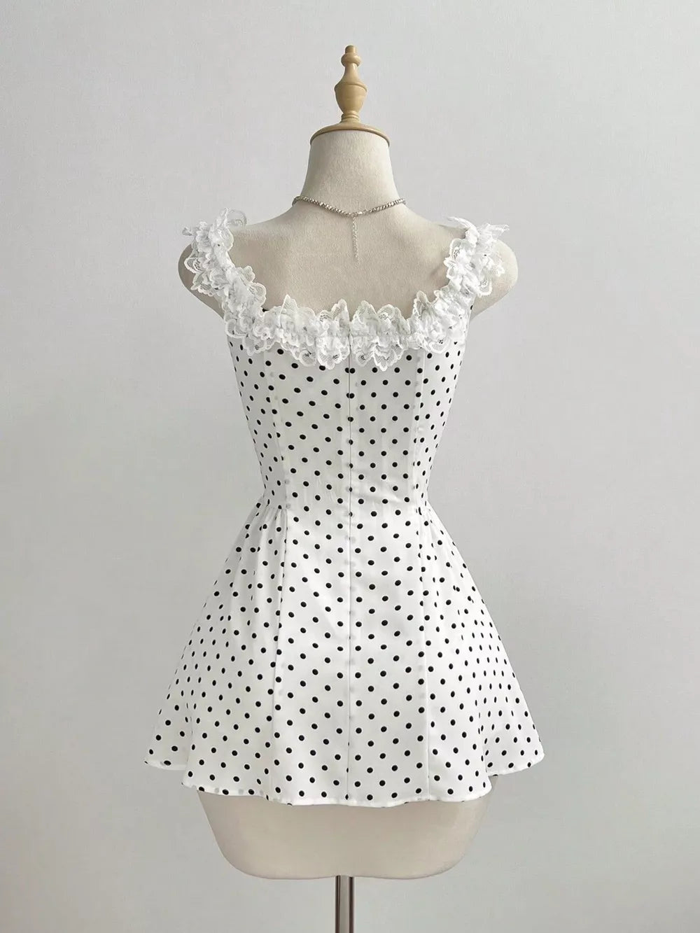 Polka Dot Lace Trim Mini Dress, back view