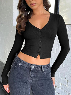 Black ribbed V-neck crop top with button front and long sleeves