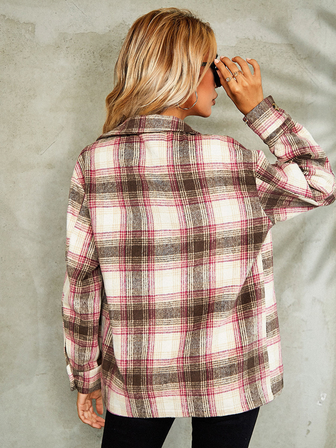 Checkered collared jacket in cream with brown and pink plaid, button front, long sleeves.