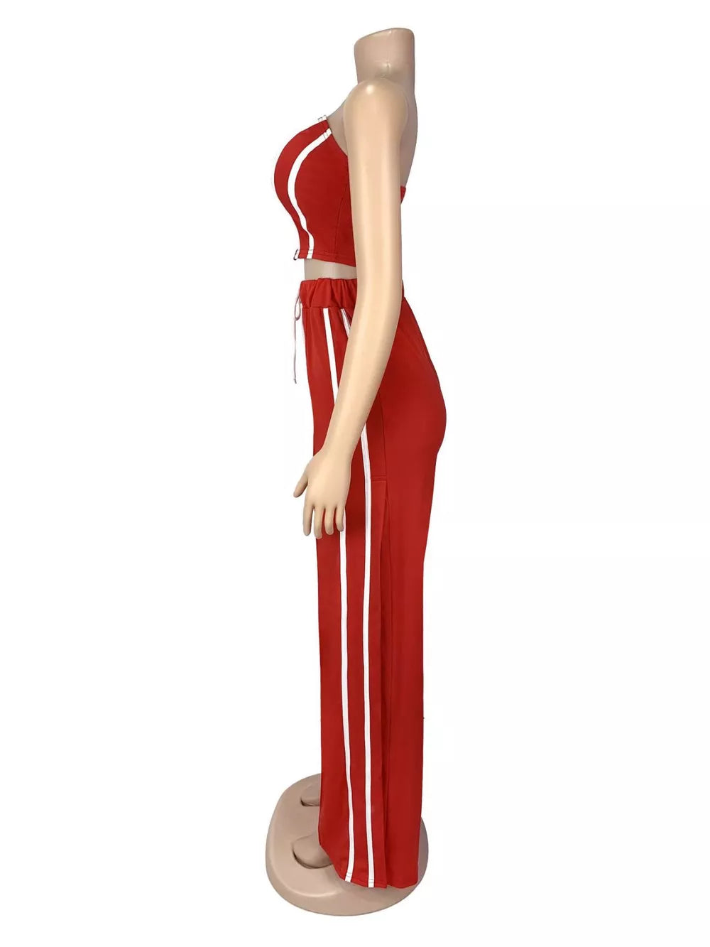 Scarlet tube top and wide-leg pant set with white stripe detail and drawstring waist.