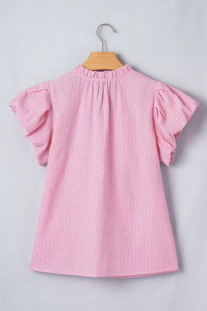 Pink and white striped textured short sleeve blouse with ruffled neckline and puff sleeves.