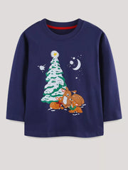 Navy crew neck cotton t-shirt with a whimsical deer and Christmas tree graphic.